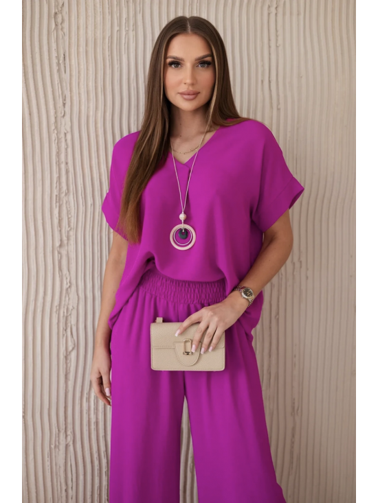 Dámska elegantná súprava s náhrdelníkom, blúzka+nohavice, tmavo fialová